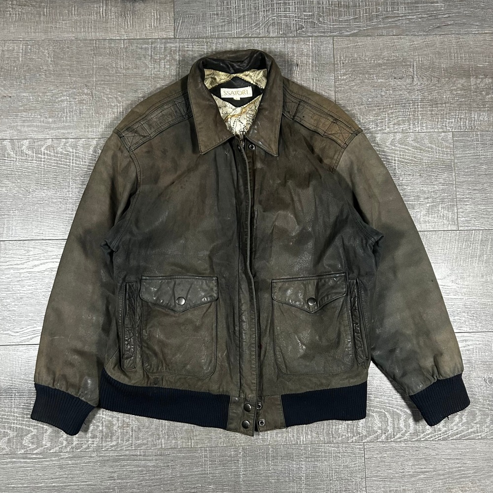 Ssatori Vintage‎ Distressed Brown Leather Bomber Jacket Map Lining Mens L